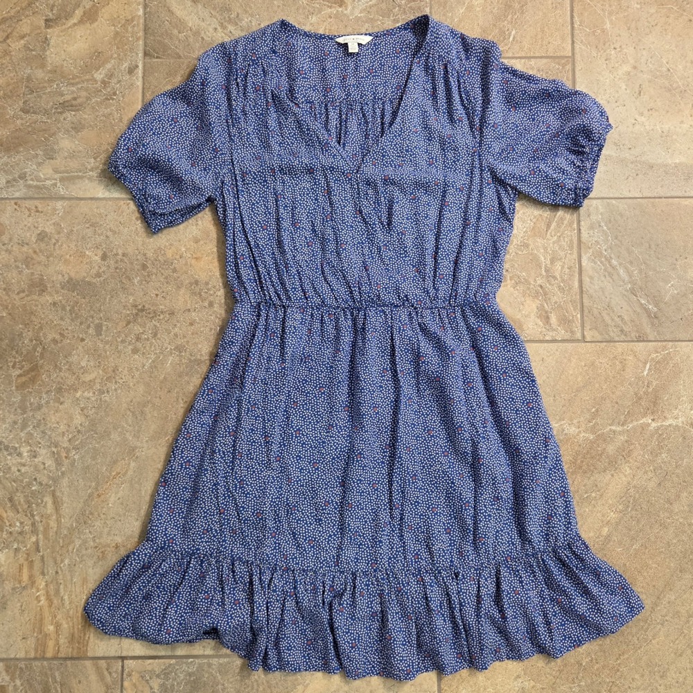 Lucky Brand Blue Polka‎ Dot Surplice Ruffle Mini Dress with Pockets M Flirty